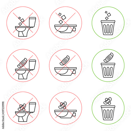 Do not litter in the toilet. Toilet no trash. Keeping the clean. Please do not flush paper towels, sanitary products, medical masks. No littering, warning symbol. Forbidden icon. Vector