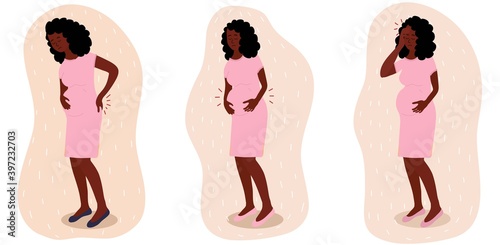 Black african Pregnant woman feels strong pain in her back, head, belly. She holds back with one hand and the belly with the other hand. Depressed, bad feeling. Pregnancy diseases. Vector illustration