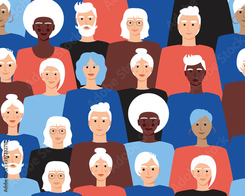 Elderly people seamless pattern as concept of community of old men and women, flat vector stock illustration with happy pensioners