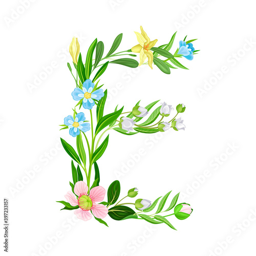 Capital Alphabet Letter Composed of Flowers and Decorative Nature Elements Vector Illustration
