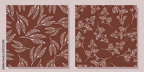 A set of seamless patterns with plants. Vector illustration in engraving style.