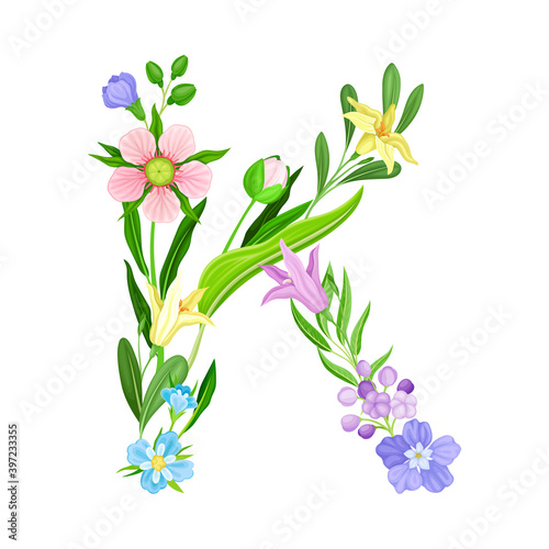 Fototapeta Naklejka Na Ścianę i Meble -  Uppercase Floral Alphabet Letter Composed of Flowers and Decorative Nature Elements Vector Illustration