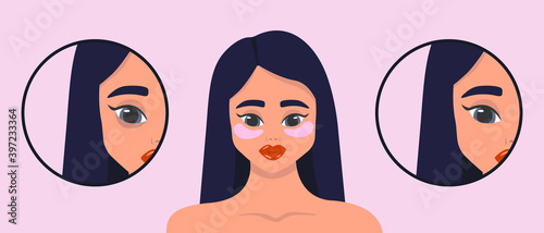 Before and after hydrogel eye patches. Cosmetic collagen eye patches. Pink eye patches for beauty and skin care. Beauty female face. Vector illustration.