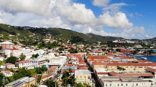 Aerial view of Charlotte Amalie downtown in St Thomas, USVI. 
