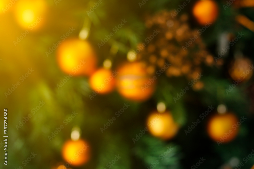 blurred abstract scene background with christmas tree and festive details