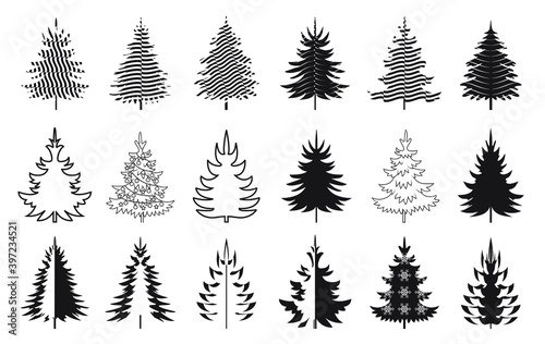 A set of black Christmas Trees. Winter season design elements and simply pictogram collection. Isolated vector xmas Icons and Illustration.