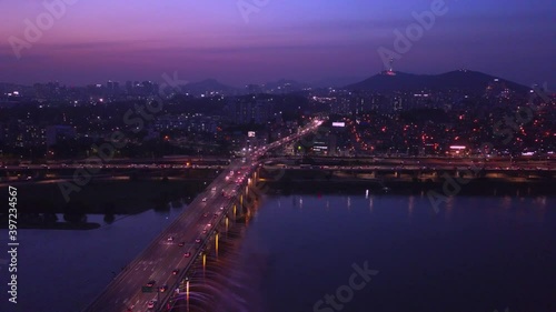 Aerial view Rainbow fountain show at Banpo bridge in Seoul, South Korea. photo