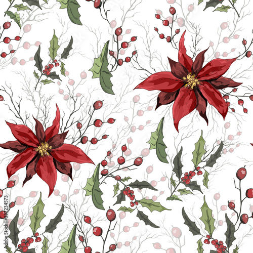 seamless background of flowers (poinsettia,  mistletoe, Holly) isolated on a white background. realistic hand-drawn compositions of bouquets. decorations for seasonal Wallpaper, paper. Vintage style