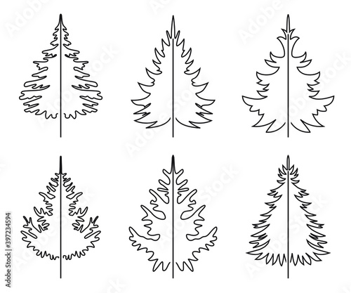 A set of black Christmas Trees. Winter season design elements and simply pictogram collection. Isolated vector xmas Icons and Illustration. © topor