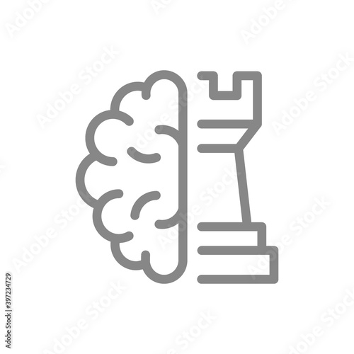 Rook chess with brain line icon. Board game, table entertainment symbol