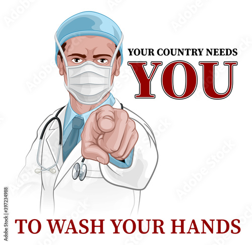 Fotografie, Obraz A doctor in surgical mask and PPE pointing in a your country needs or wants you