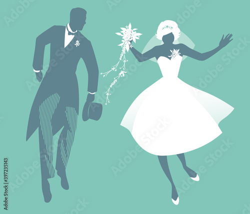 Funny wedding couple dressed vintage style wedding clothes dancing in retro style
