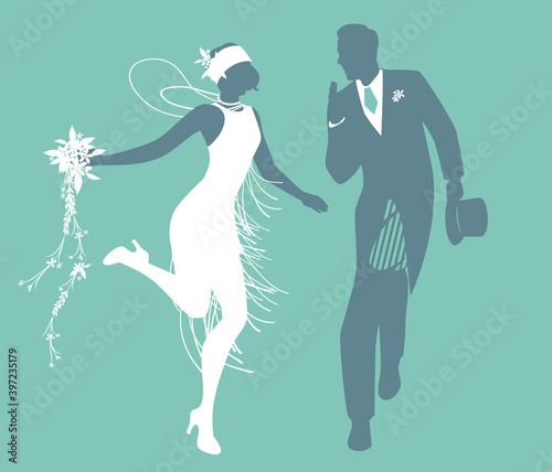 Funny wedding couple dressed vintage style wedding clothes dancing in retro style