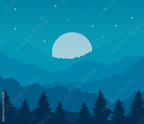 Landscape of pine trees and moon on blue background design  nature and outdoor theme Vector illustration