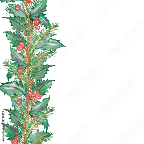 Watercolor hand painted nature winter holiday vertical banner frame with green fir branches, red holly berries and leaves bouquet on the white background for invitation and greeting card