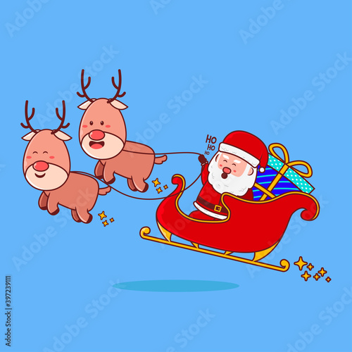 Christmas icon concept.Cute Santa Claus riding sleigh carrying a Big gift box vector icon illustration.Christmas Character Flat Cartoon Style Suitable for Web Landing Page, Banner, Sticker, Card