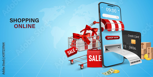 Shopping Online on Website or Mobile Application.Online shopping store with mobile , credit cards and shop elements.Vector Concept Marketing and Digital marketing.Vector illustration.