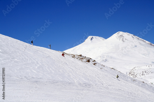 Winter view of the Elbrus summit from the mountain Cheget, Prielbrusye, Caucasus