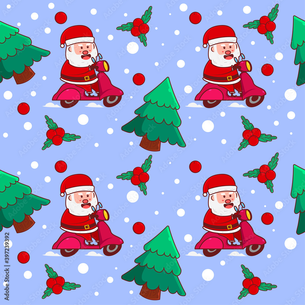 Seamless pattern for Christmas holiday with Cute Santa Claus riding scooter.Flat Cartoon Style Suitable for Background, fabric, wrapping paper, textile, wallpaper and apparel. Seamless pattern for Christmas holiday with Cute Santa Claus riding scooter.Flat Cartoon Style Suitable for Background, fabric, wrapping paper, textile, wallpaper and apparel.