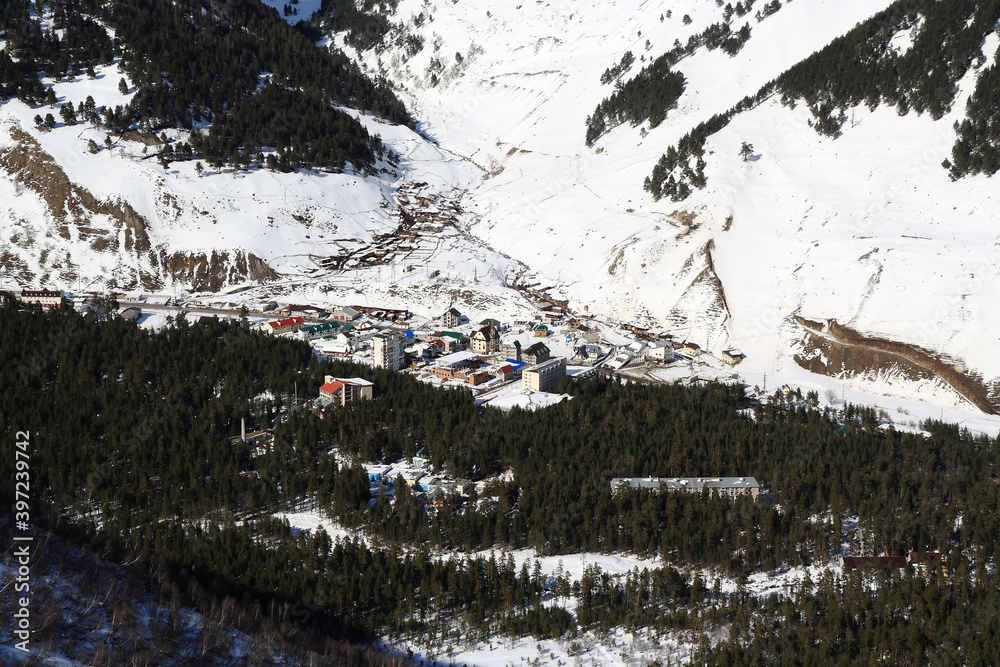 Settlement Terskol from the slopes of Mount Cheget, Elbrus region, Caucasus