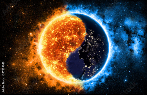 Earth and sun in equilibrium 3D Illustration