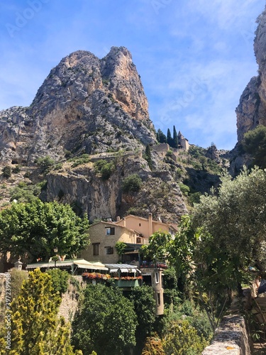 Provence, France - June 23, 2019 : Moustiers Sainte Marie, village in Provence, Provence Alpes Cote d’Azur, France. Member of most beautiful villages of France