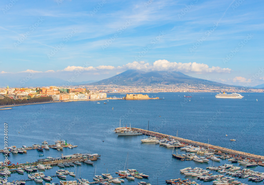 Naples, Italy - one of the most enchanting landscapes in the country, the Gulf on Naples and the Mount Vesuvius are worldwide famous. Here the gulf and the volcano seen from Posillipo