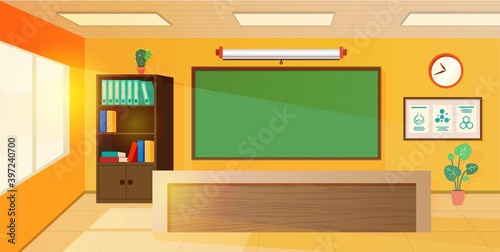 Classroom interior design background. Education in school vector illustration. Modern room with green blackboard, screen, bookcase with books and binders, desk, board with information, windows