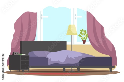 Bedroom interior design background. Room with window with curtains and plant, bed with pillow and blanket, lamp, cupboard with alarm and book. Modern home vector illustration