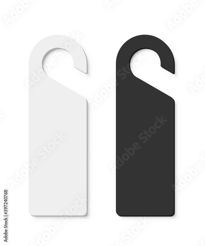 White and black door hangers set on white background. Realistic hotel blank paper tags. Decorative warning labels vector illustration. Modern design, objects do not disturb