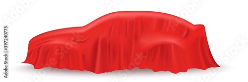 Red cloth drapery covering car. Silk fabric hanging on gift for surprise reveal vector illustration. Hidden car under veil decoration on white background. Mysterious presentation event