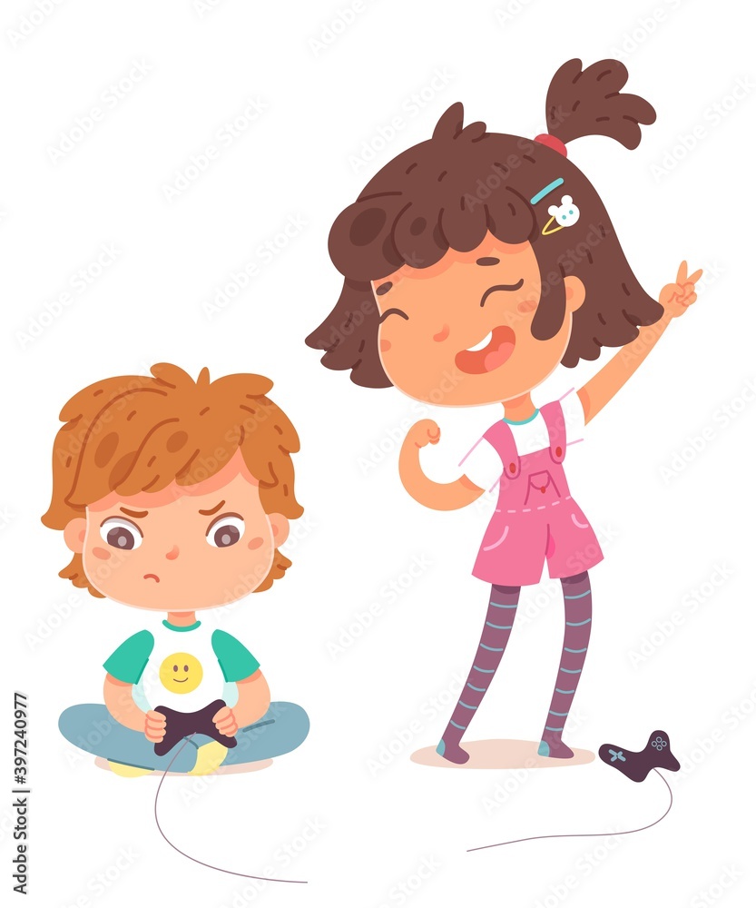 Kids playing video games at home. Happy girl winning and sad angry boy playing videogames, sitting with joystick. Entertainment at home with technology vector illustration Kids playing video games at home. Happy girl winning and sad angry boy playing videogames, sitting with joystick. Entertainment at home with technology vector illustration