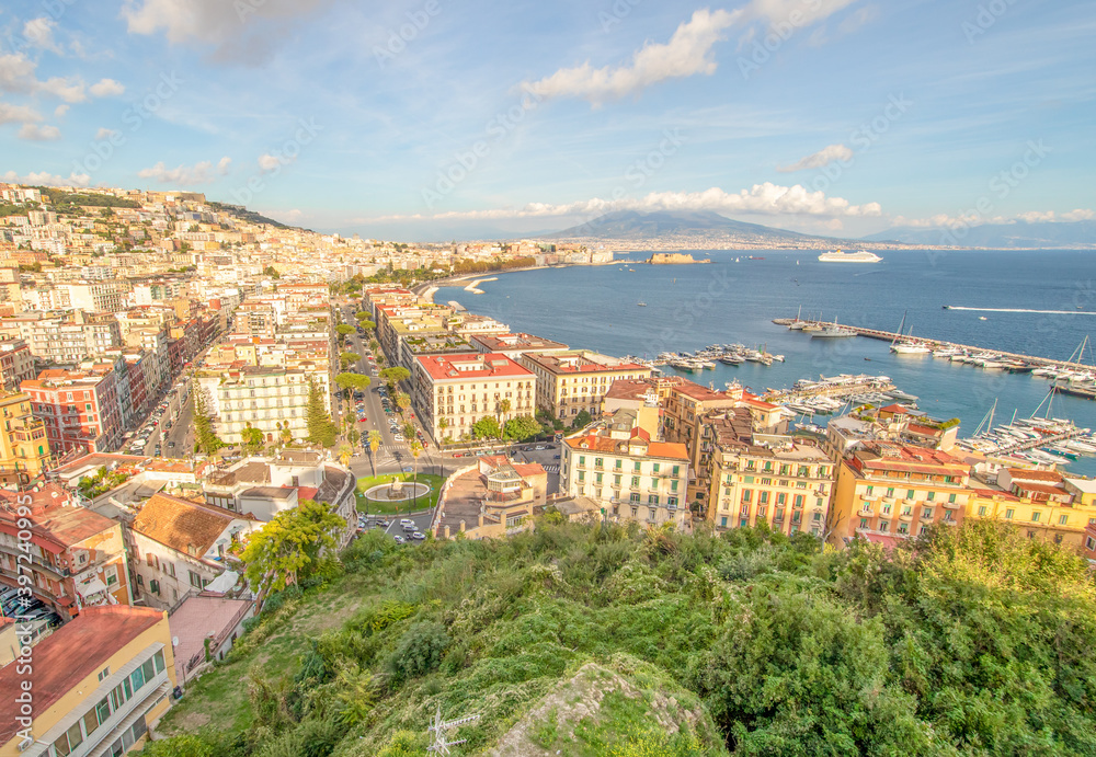 Naples, Italy - one of the most enchanting landscapes in the country, the Gulf on Naples and the Mount Vesuvius are worldwide famous. Here the gulf and the volcano seen from Posillipo