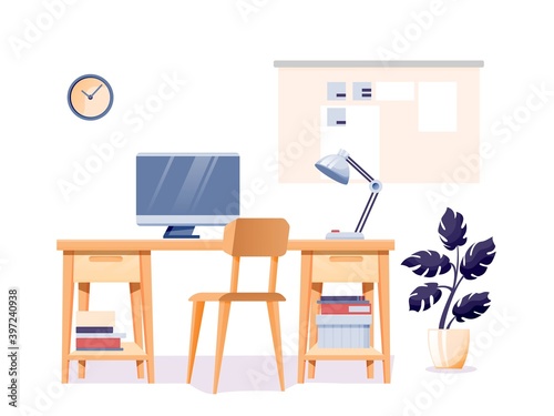 Modern home office interior design background. Room at home for work with chair, table with lamp and computer monitor, clock on wall isolated on white. Empty cosy area for working vector illustration