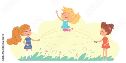Happy girl jumping rope with friends. Schoolgirls play in activity games outdoor. Vector character illustration of friendship in childhood, sport exercising, summer leisure, children pastime together.