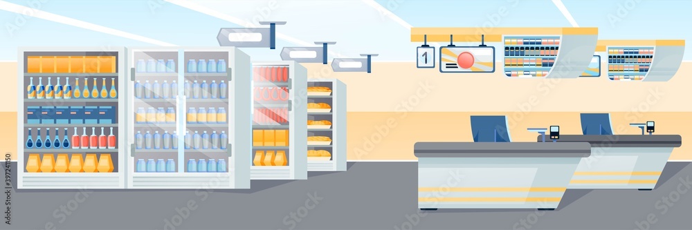 Supermarket store background. Empty shop with checkout register counters, aisles with shelves full of food and drinks vector illustration. Horizontal panorama at grocery store