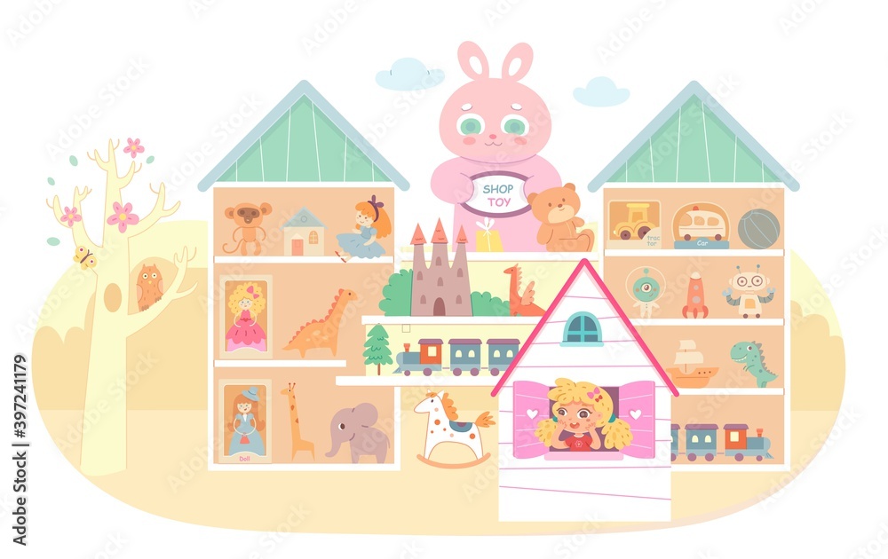 Toy and gift shop for kids. Store for children vector illustration. Shelves with dolls, balls, bear, cars, robot, train, castle, tree with owl. Happy girl in house window