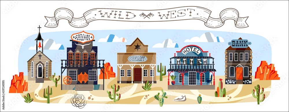 Wild west buildings on road horizontal background. Western american town panorama in wilderness vector illustration. Church, saloon, hotel, bank and sheriff house. Cactus and rocks on desert land