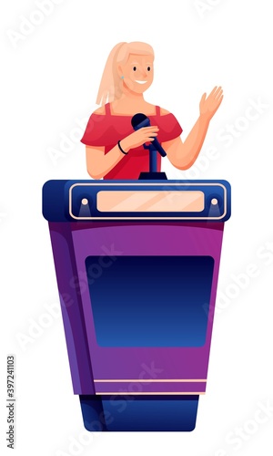 Young woman playing quiz game. Happy girl answers question in competition, standing with microphone. Television trivia show vector illustration. Woman thinking on white background