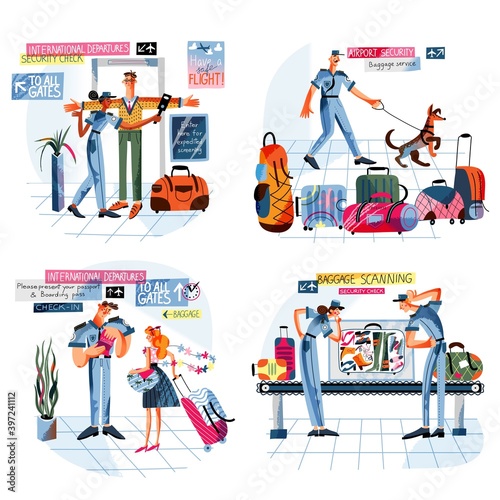 Airport security check set. Baggage scan, travel control at arrival, customs checkpoint at departure. Airplane guard inspection vector illustration. Police officers at border area