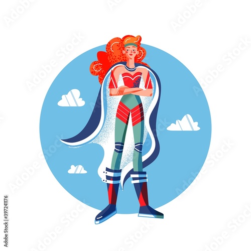 Female superhero in costume with arms crossed. Superwoman with cape vector illustration. Cartoon comic woman with powers posing on blue sky background. Brave smiling girl standing