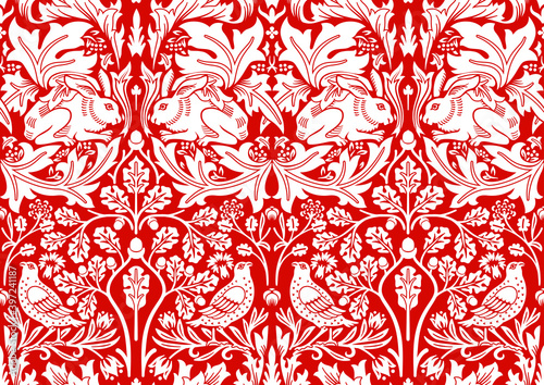Hand drawn seamless pattern ornament with rabbit, bird and plants on red background. Vector illustration.