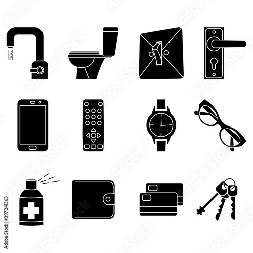 Disinfection of premises concept icon. Sterile surface. Sanitation at home. Sanitizing home items of daily use. Glyph icons about clean and disinfect. Preventing virus spread concept. Vector