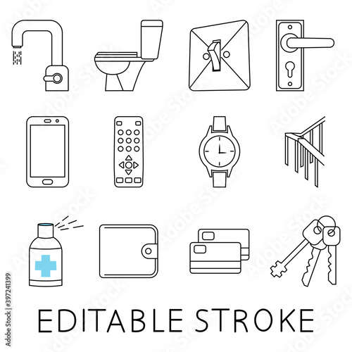 Disinfection and cleaning icons. Coronavirus, virus prevention line icons. A set of vector pictograms explaining which items need to be disinfected primarily during the pandemic