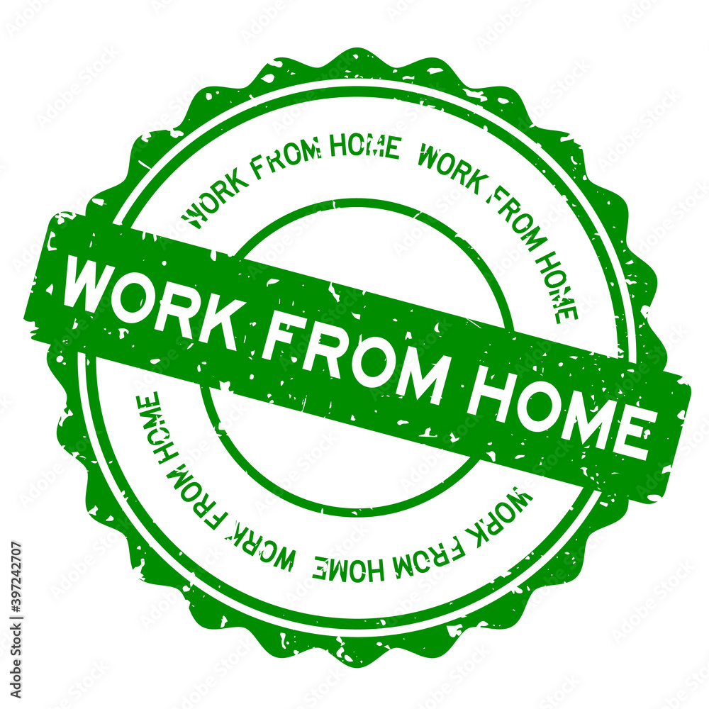 Grunge green work from home word round rubber seal stamp on white background