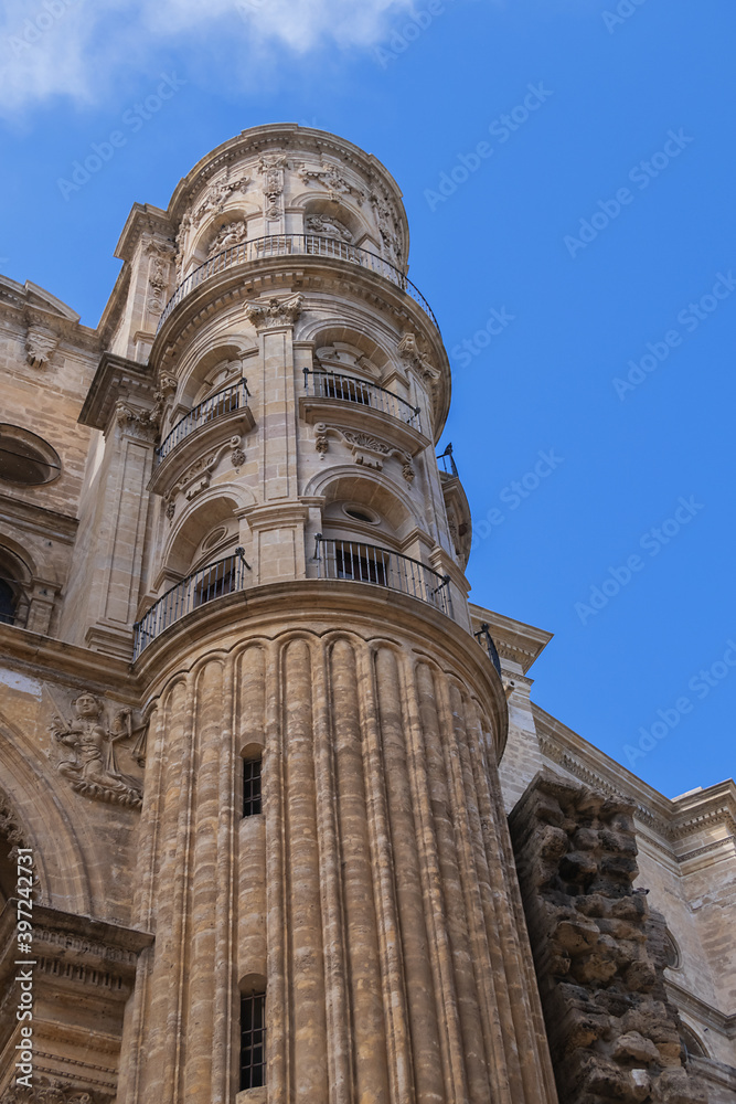 View of South facade of Cathedral of Malaga. Renaissance Cathedral - Roman Catholic Church in the city of Malaga, constructed between 1528 and 1782. Malaga, Costa del Sol, Andalusia, Spain.