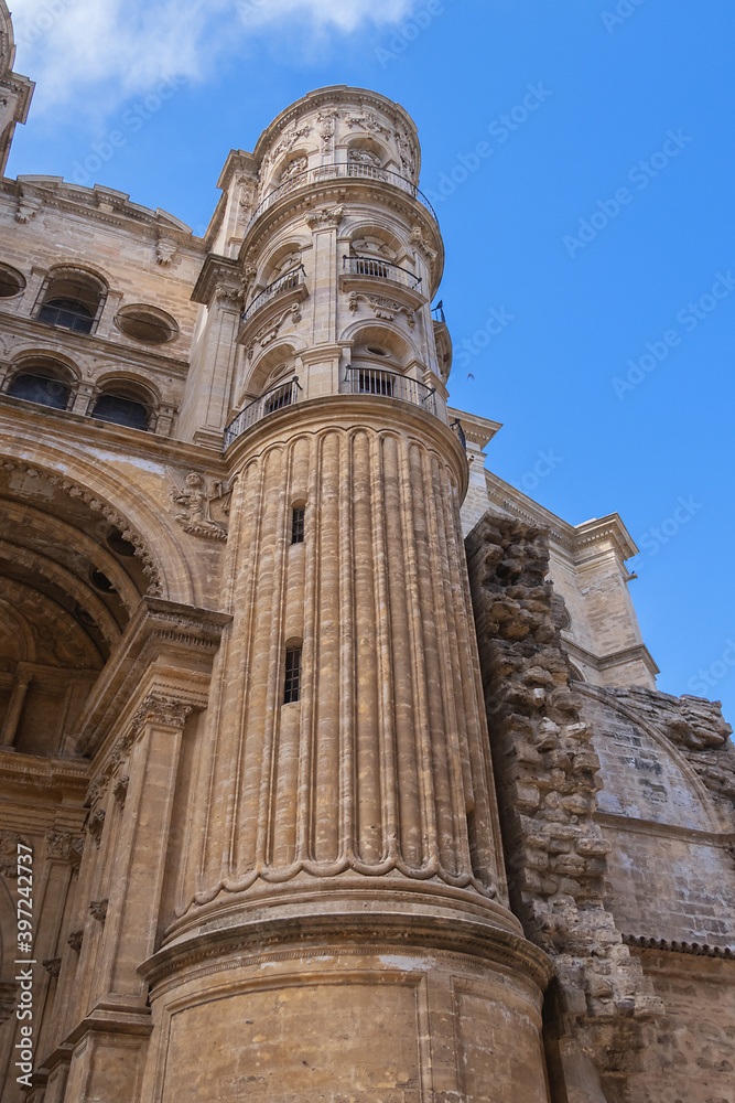 View of South facade of Cathedral of Malaga. Renaissance Cathedral - Roman Catholic Church in the city of Malaga, constructed between 1528 and 1782. Malaga, Costa del Sol, Andalusia, Spain.