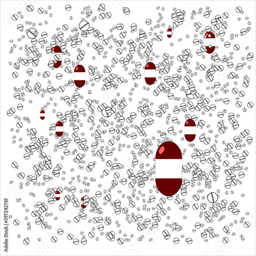 Red and white drugs and pills falling down. Actual medical theme.