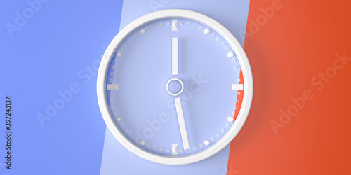 Round wall clock in a minimalist style on a multicolored background of stripes. 3D-visualization