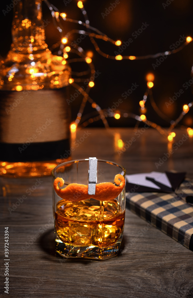 Cocktail Sharpie Mustache,  includes: Dry Gin,   Amaro, Bitters , decorated   mustache orange peel .   Great idea for Father's Day.